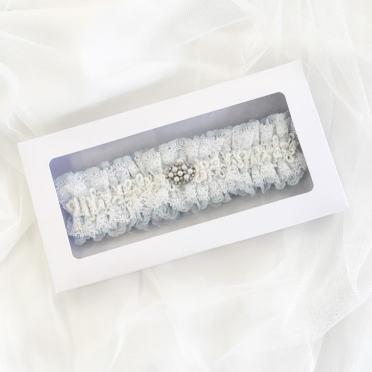 Promise Blue and Ivory Lace Garter with Pearl and Crystal Brooch