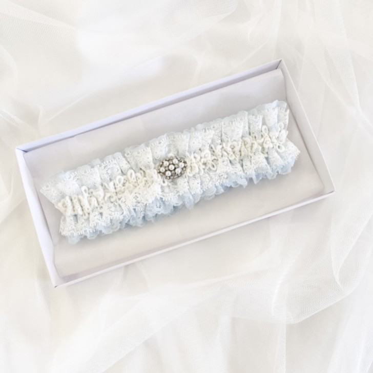 Promise Blue and Ivory Lace Garter with Pearl and Crystal Brooch