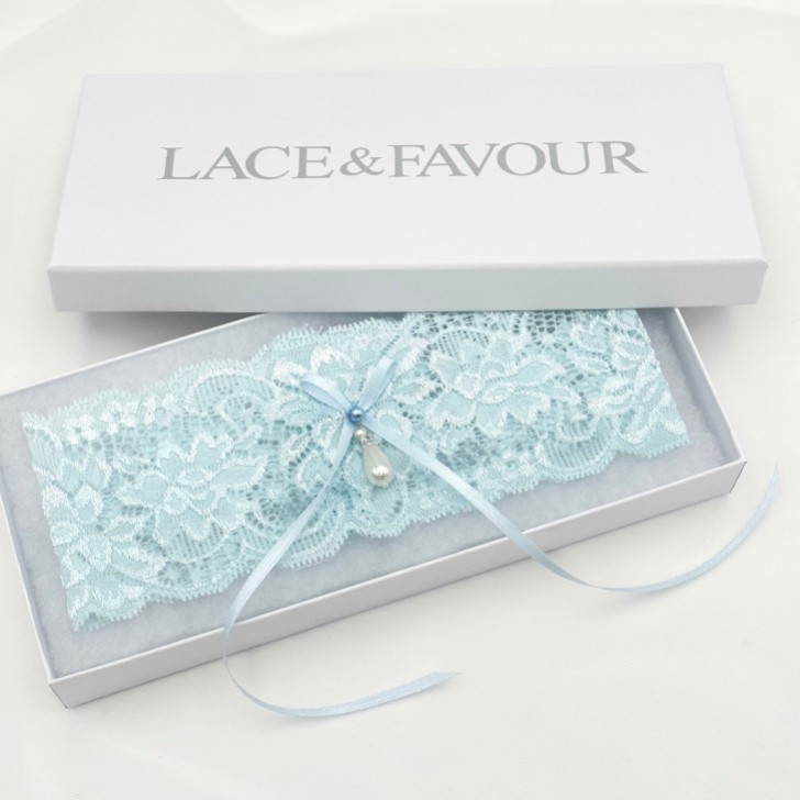 Purity Blue Delicate Lace Wedding Garter with Pearl Detail