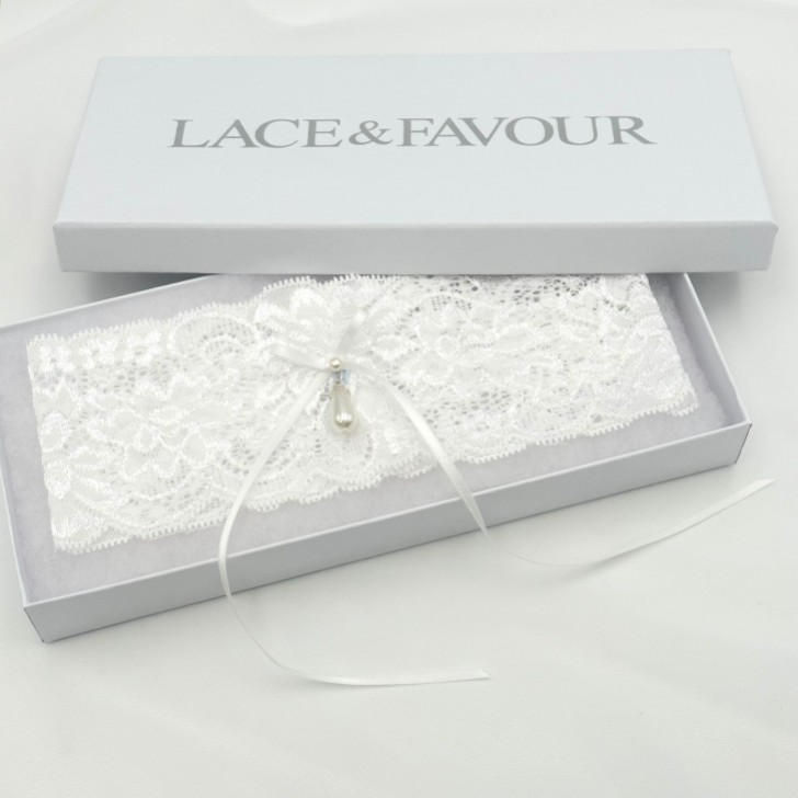 Purity Ivory Delicate Lace Wedding Garter with Pearl Droplet