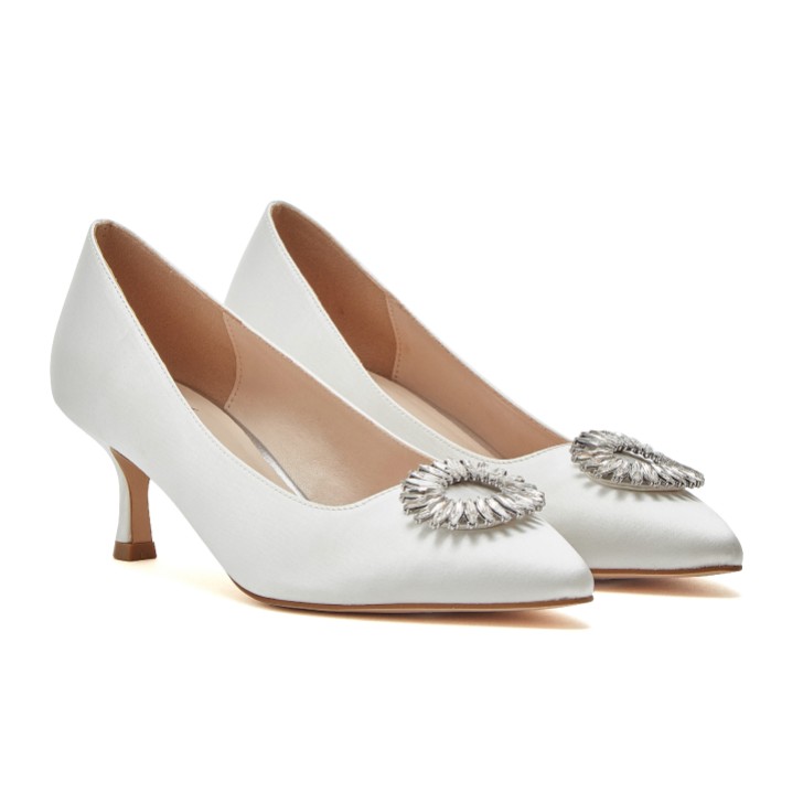 R Collection Audley Ivory Satin Crystal Brooch Kitten Heels