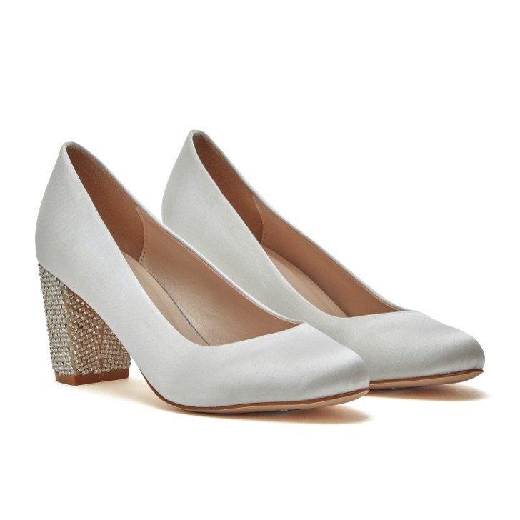 R Collection Eloise Ivory Satin Sparkly Block Heel Court Shoes
