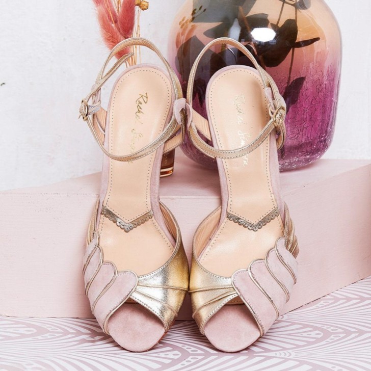 Rachel Simpson Aurelia Powder Pink Suede and Gold Leather Sandals