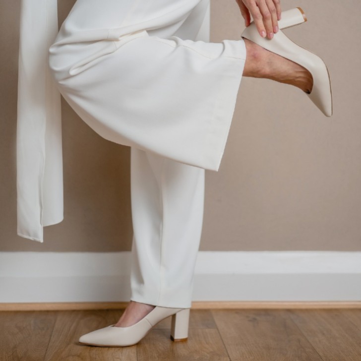Rachel Simpson Celine Off White Leather Block Heel Court Shoes