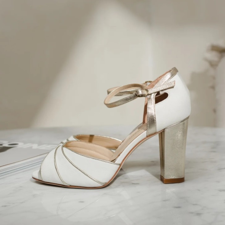 Rachel Simpson Lauren Ivory Suede and Gold Leather Block Heels