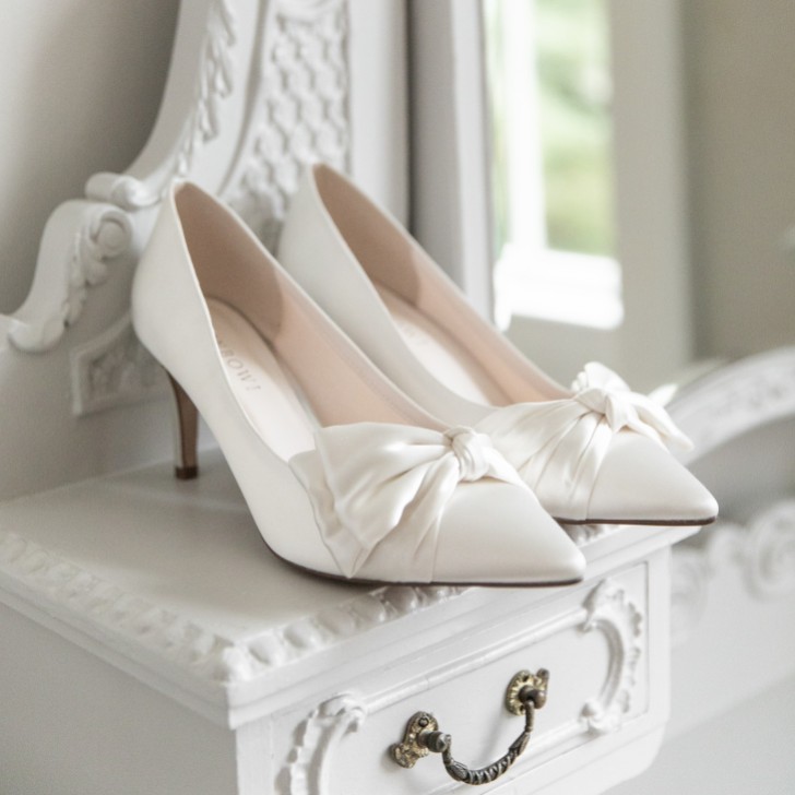 Rainbow Club Arabella Ivory Satin Asymmetric Bow Mid Heel Court Shoes