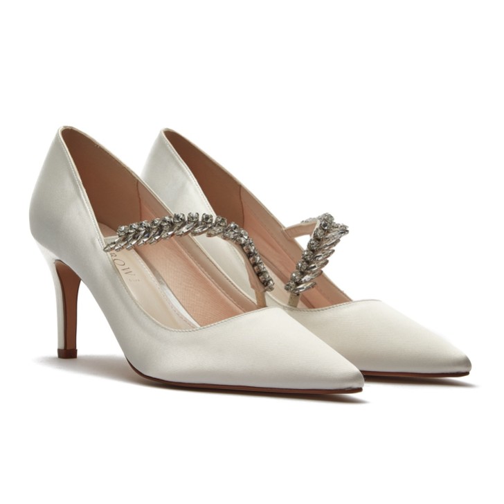 Rainbow Club Crystal Dyeable Ivory Satin Pointed Courts with Diamante Strap 