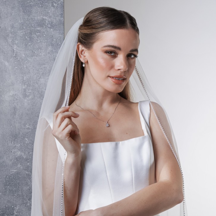 Rainbow Club Flame Ivory Diamante Edge Chapel Length Veil