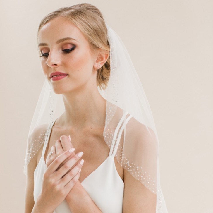 Rainbow Club Foxglove Ivory Crystal and Beaded Edge Waist Length Veil