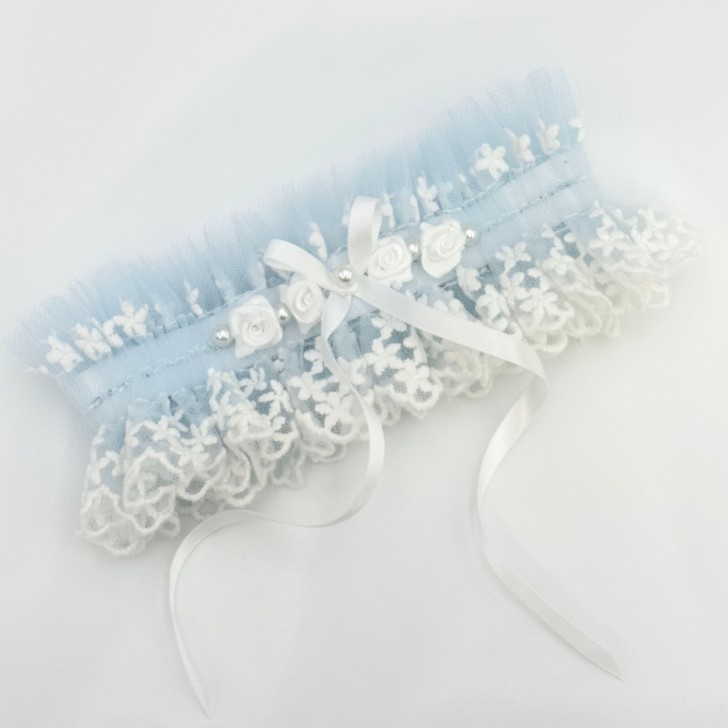 Rhapsody Blue Lace and Ivory Tulle Vintage Garter with Rose Detail