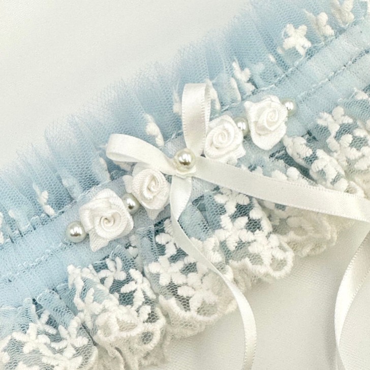 Rhapsody Blue Lace and Ivory Tulle Vintage Garter with Rose Detail