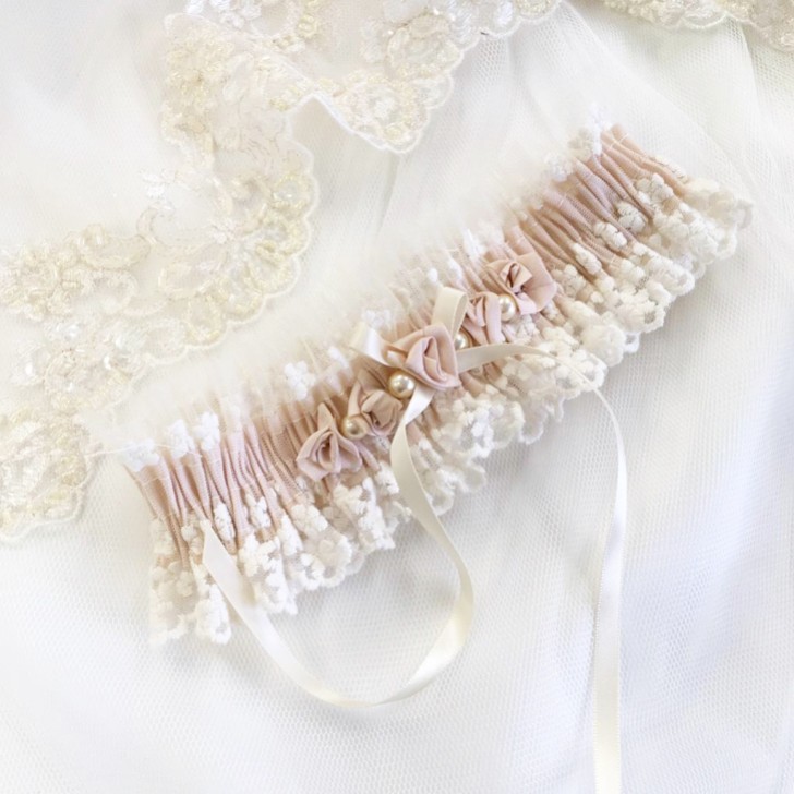 Rhapsody Blush Silk and Ivory Tulle Vintage Lace Garter with Rose Detail
