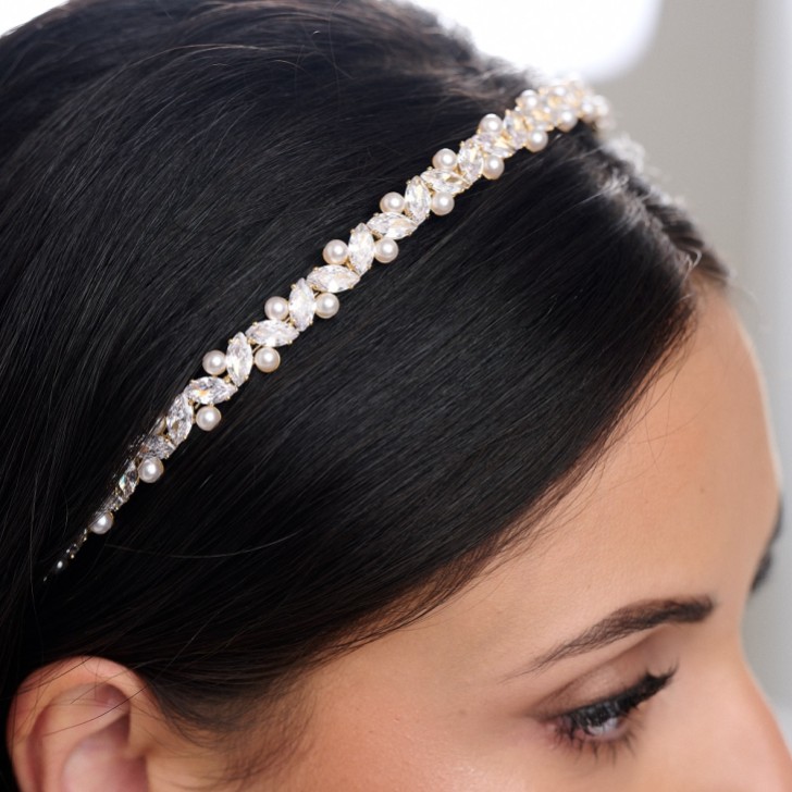 Rochelle Gold Narrow Crystal and Pearl Headband