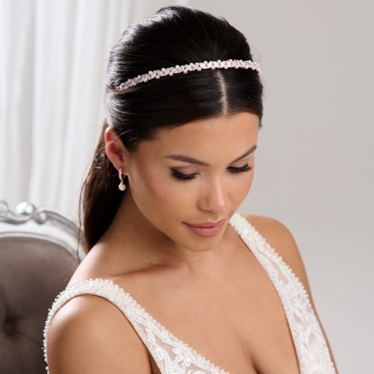 Rochelle Rose Gold Narrow Crystal and Pearl Headband