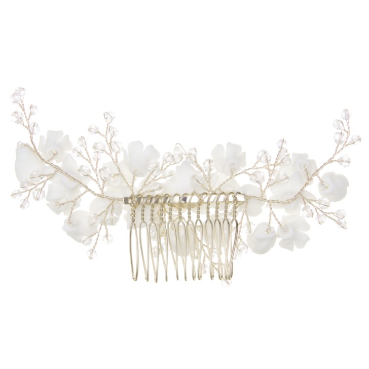 Rosewood Porcelain Flowers and Crystal Hair Comb (Gold)