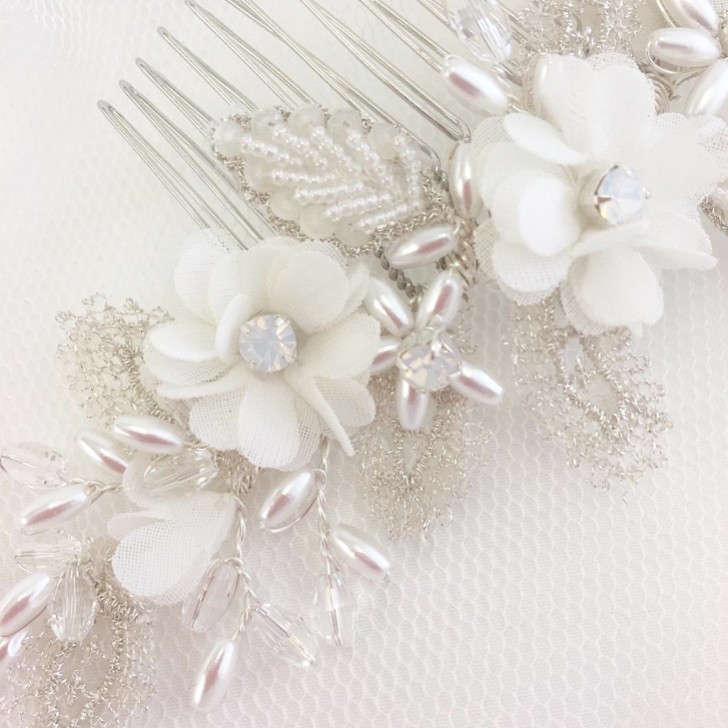 Sabrina Beaded Leaves and Opal Crystal Ivory Flowers Hair Comb