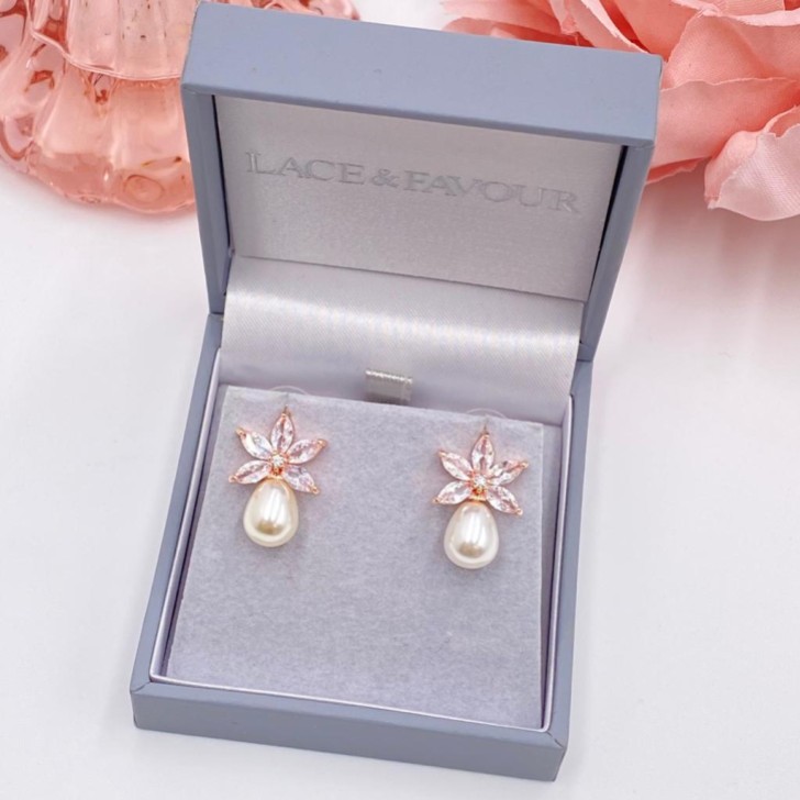 Sahara Rose Gold Crystal Leaves and Teardrop Pearl Earrings