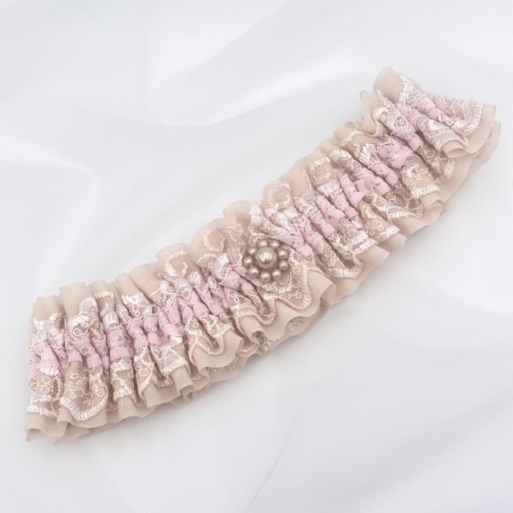 Serenity Nude Lace Vintage Wedding Garter with Pearl Trim