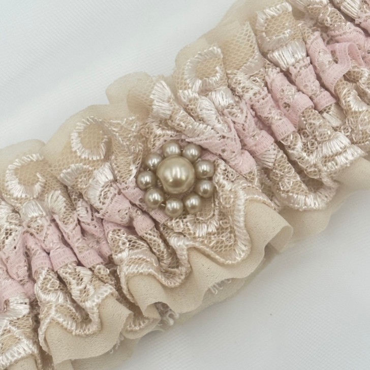 Serenity Nude Lace Vintage Wedding Garter with Pearl Trim