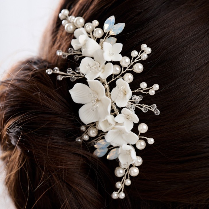 Seychelles Ivory Porcelain Flowers, Pearl and Crystal Hair Comb