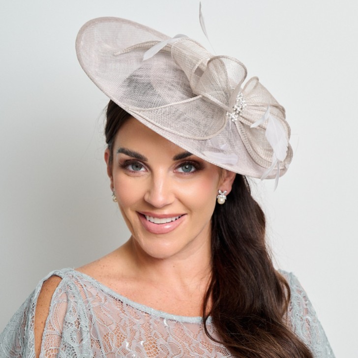 Silver Grey Diamante Bow Large Sinamay Disk Wedding Fascinator