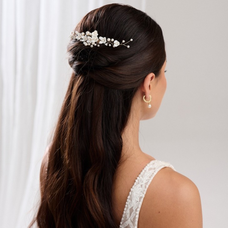 Skye Porcelain Flowers and Pearl Bridal Hair Comb (Gold)