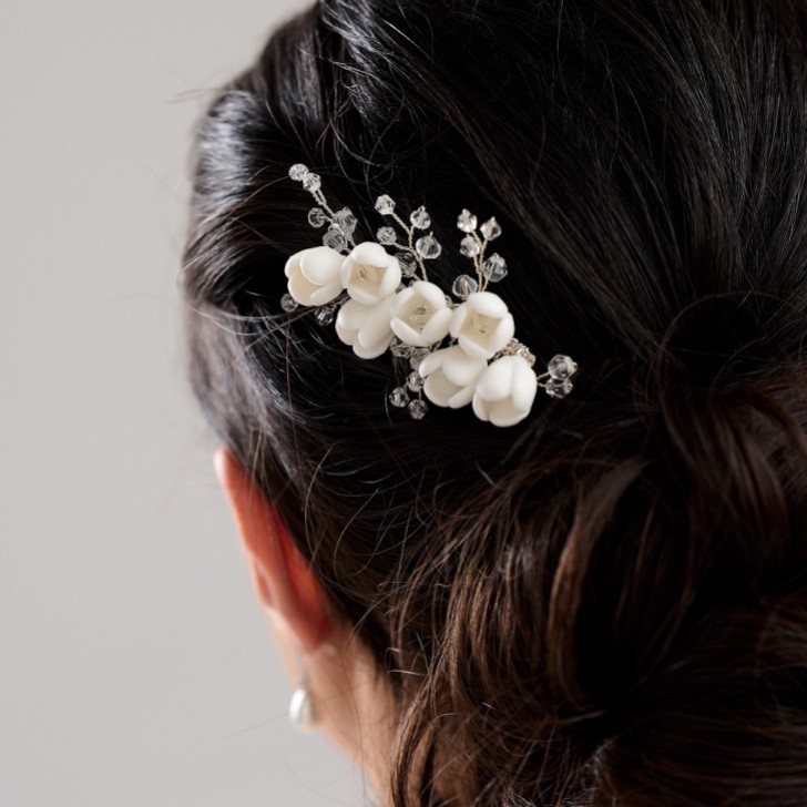 Snowdrop Porcelain Flowers and Crystal Mini Hair Comb