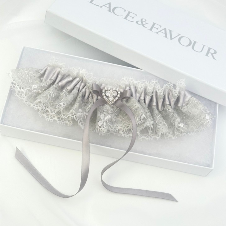 Surrender Silver Satin and Lace Garter with Crystal Heart and Bow Detail