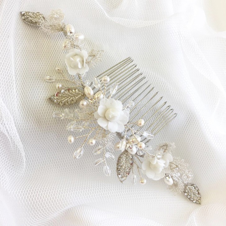Tabitha Silver Leaves and Ivory Flowers Pearl Hair Comb