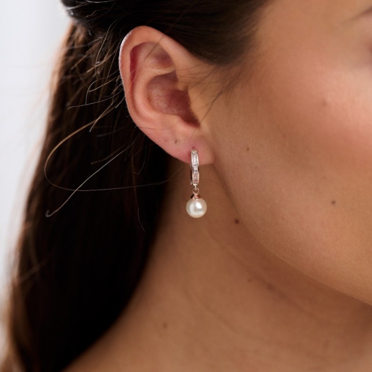 Tahiti Rose Gold Pearl Drop Crystal Huggie Hoop Earrings