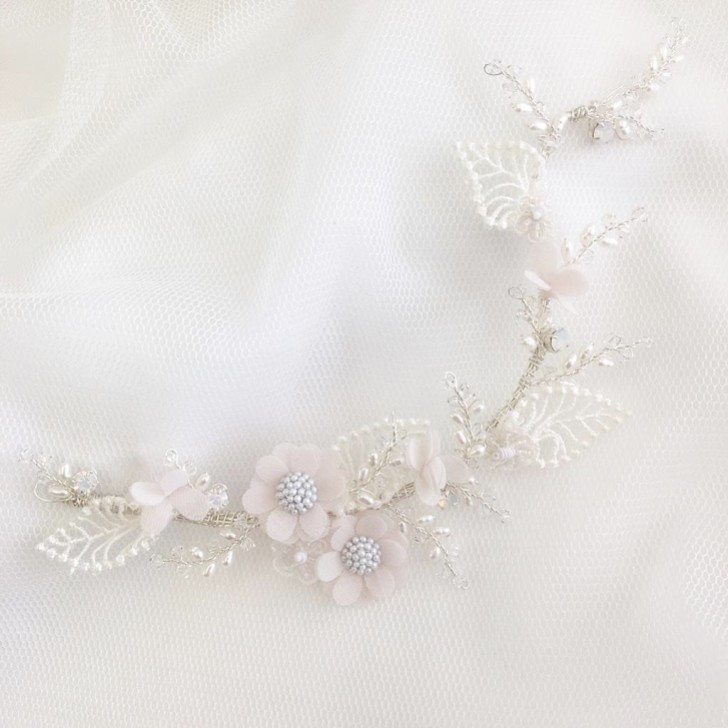 Tallulah Blush Flowers and Ivory Lace Leaves Wedding Hair Vine