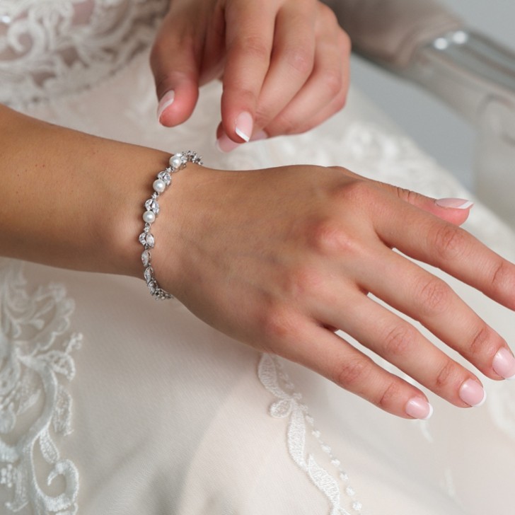 Tamara Silber Cubic Zirkonia und Perle Hochzeitsarmband