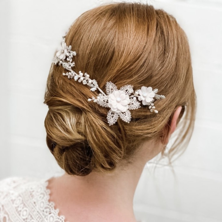 Tamsin Blush Flowers and Silver Lace Opal Crystal Hair Vine