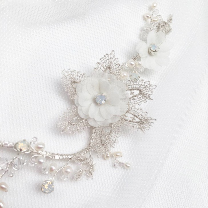 Tamsin Ivory Flowers and Silver Lace Opal Crystal Hair Vine