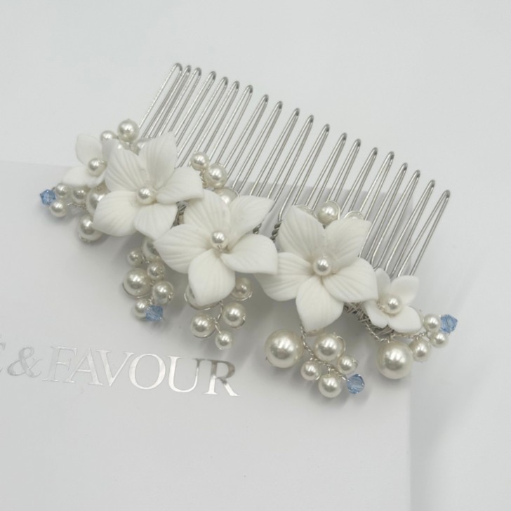 Tiffany Pearl and Light Sapphire Crystal Floral Hair Comb