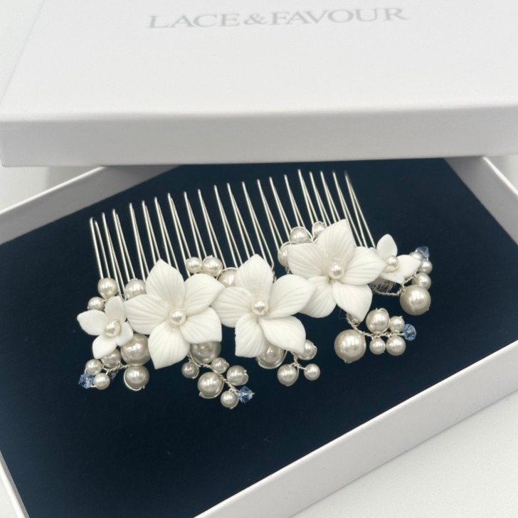 Tiffany Pearl and Light Sapphire Crystal Floral Hair Comb