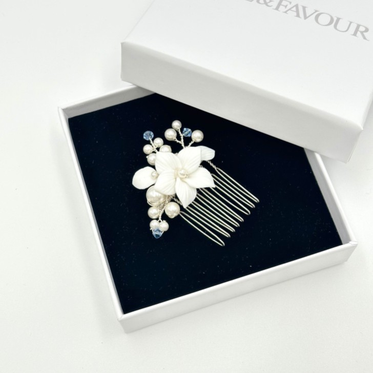 Tiffany Pearl and Light Sapphire Crystal Floral Mini Comb