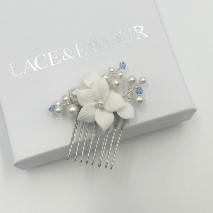 Tiffany Pearl and Light Sapphire Crystal Floral Mini Comb