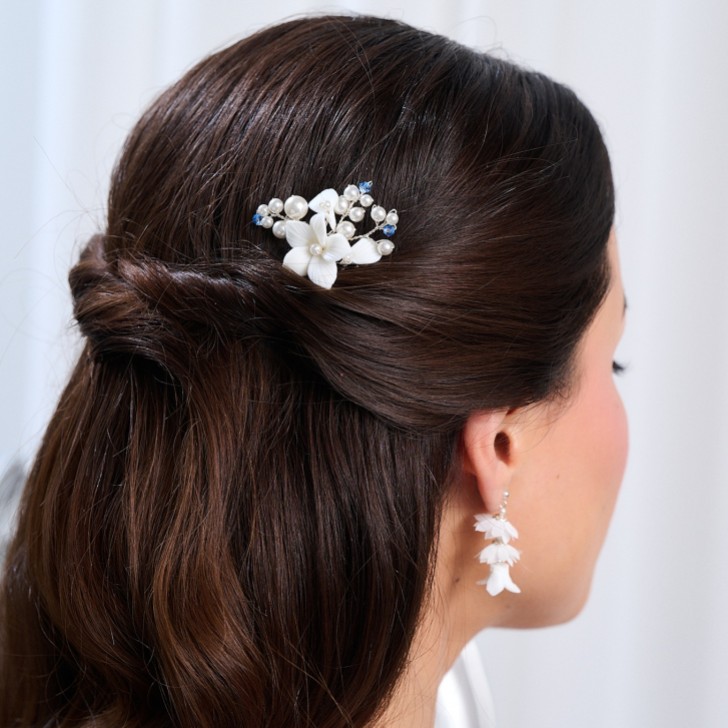 Tiffany Pearl and Light Sapphire Crystal Floral Mini Comb