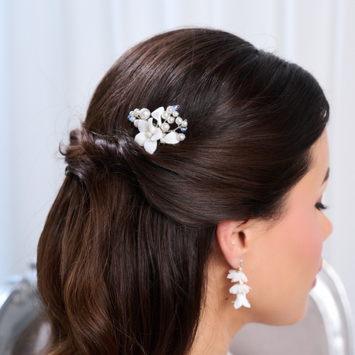 Tiffany Pearl and Light Sapphire Crystal Floral Mini Comb