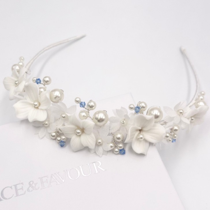 Tiffany Pearl and Light Sapphire Crystal Floral Tiara