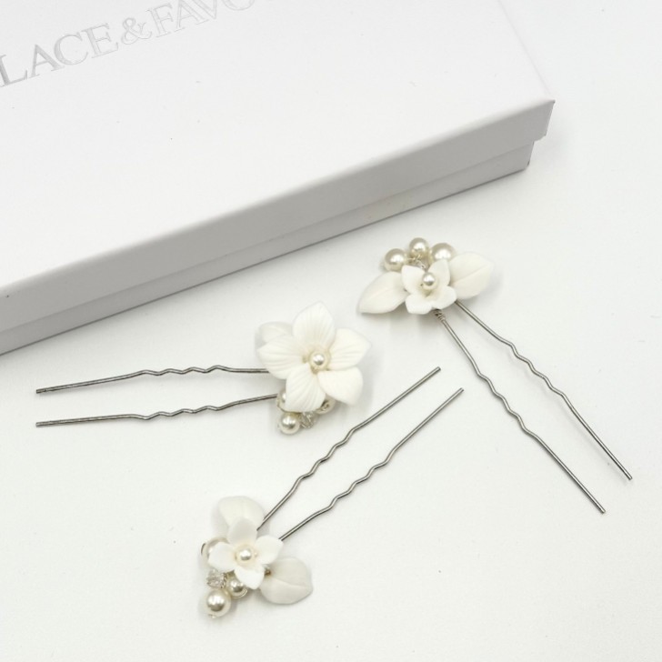 Tiffany Set of 3 Pearl and Clear Crystal Floral Hair Pins