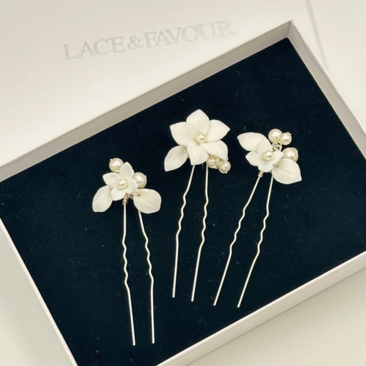 Tiffany Set of 3 Pearl and Clear Crystal Floral Hair Pins