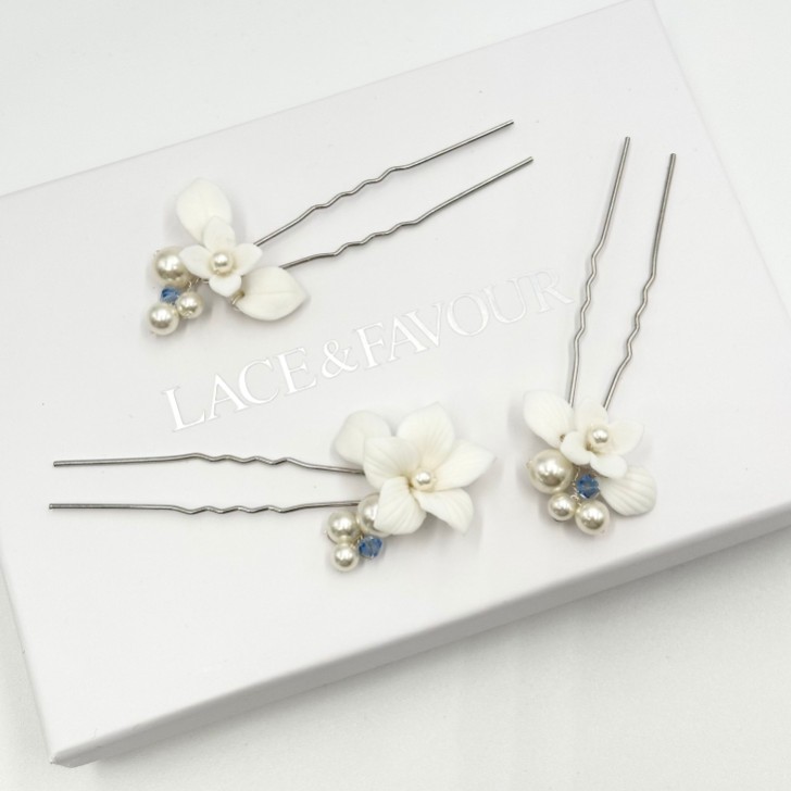 Tiffany Set of 3 Pearl and Light Sapphire Crystal Floral Hair Pins