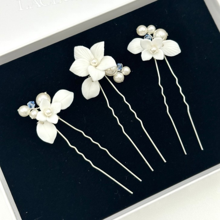 Tiffany Set of 3 Pearl and Light Sapphire Crystal Floral Hair Pins