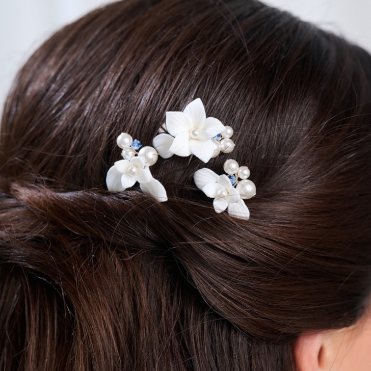Tiffany Set aus 3 Haarnadeln mit Perlen und hellem Saphir-Kristall mit Blumenmuster