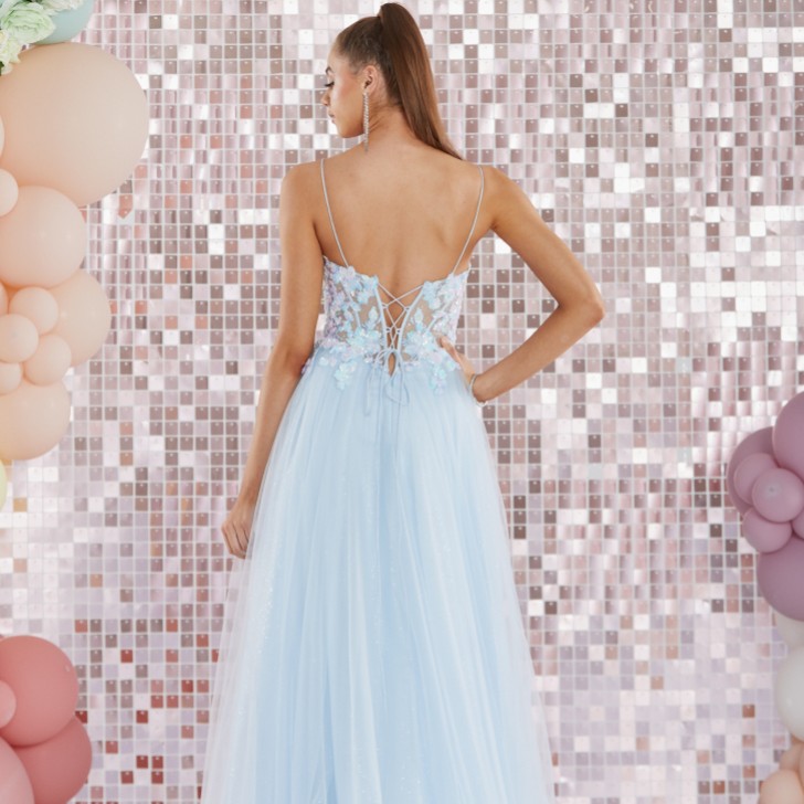 Tiffanys Alina Light Blue Ball Gown Prom Dress with Lace Up Back