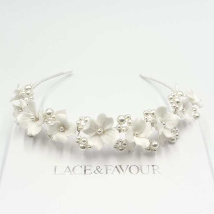 Trinity Ivory Ceramic Flower and Pearl Wedding Headband