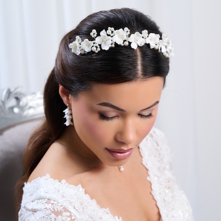 Trinity Ivory Ceramic Flower and Pearl Wedding Headband
