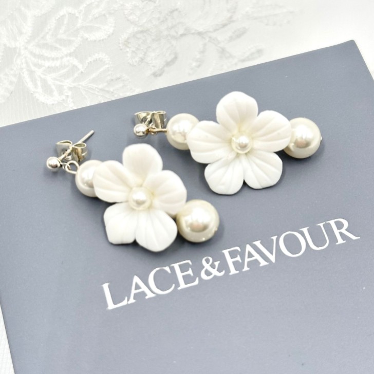 Trixie Ivory Ceramic Flower and Pearl Drop Earrings